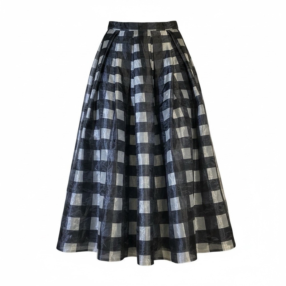 Eliza J Plaid Organza Maxi Ball Skirt Womens 10 Black Silver Checked Pleated